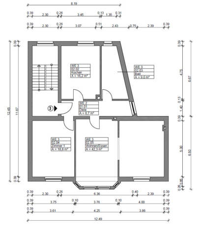 Charmante Altbauwohnung mit großzügigem Wohn-Essbereich und Kamin - Grundriss (69768)
