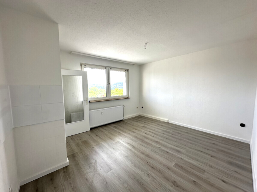 Empty white living area with a large window, radiator beneath it, and a white door with a frosted-glass panel; ceiling light wiring visible to center.