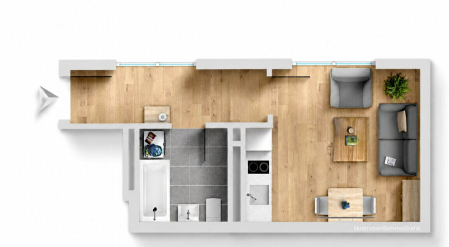 Top-down floor plan of a small apartment showing living area, dining table, kitchen, and a separated bathroom with a tub.