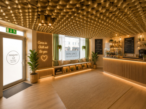 Charakterstarke Gewerbeeinheit für Gastronomie, Lounge oder Showroom - Visualisierung Blick zum Eingang (69788)