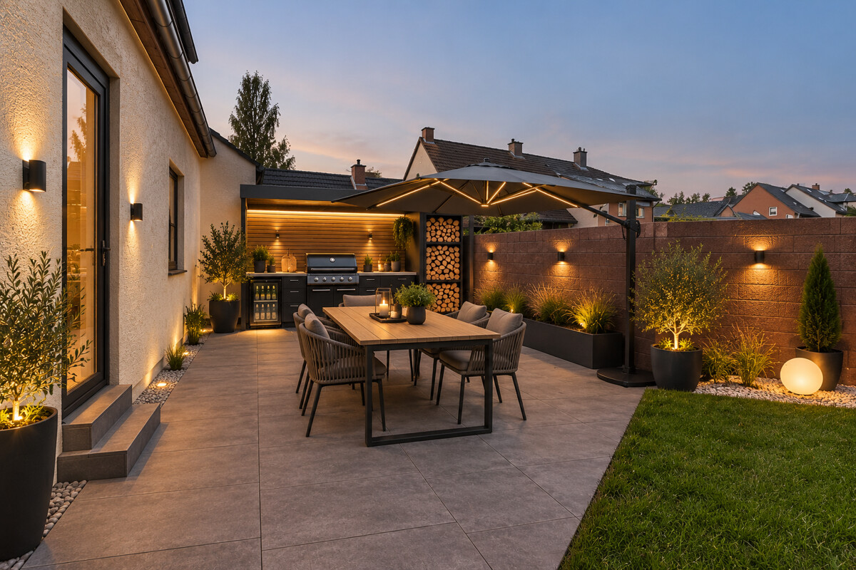 Gestaltungsidee Terrasse (Visualisierung – bauliche Änderungen dargestellt)